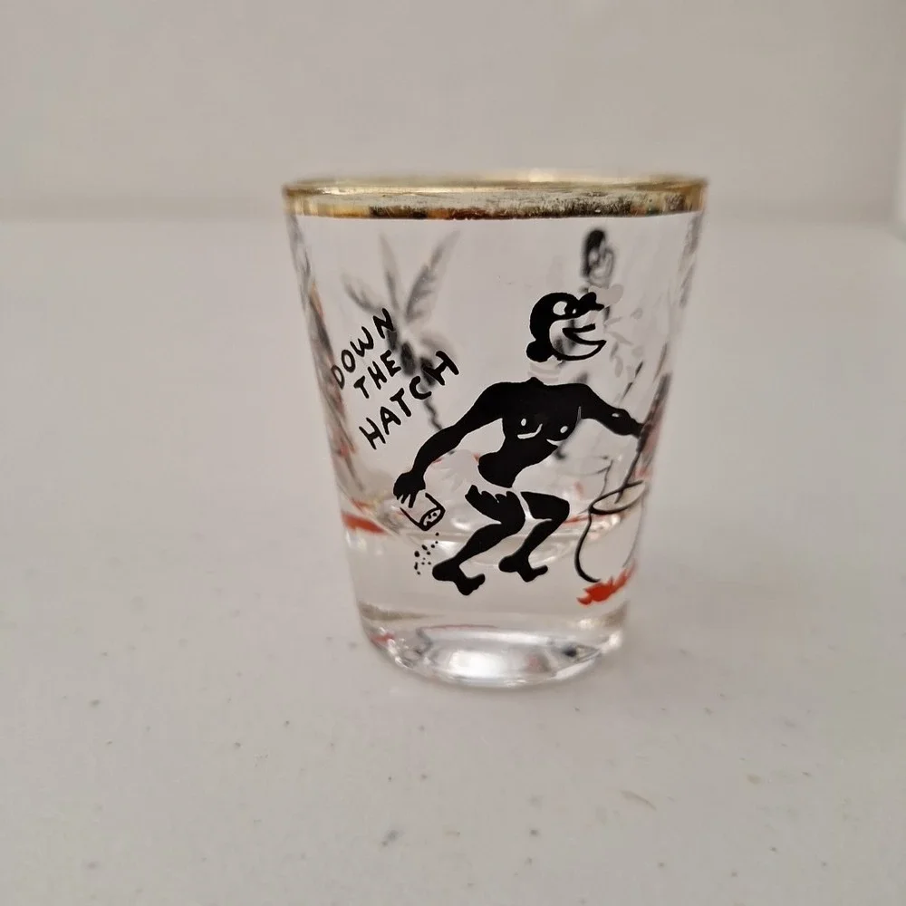 Down The Hatch~Vintage CANNIBAL THEMED Shot Glass 1950s/60s